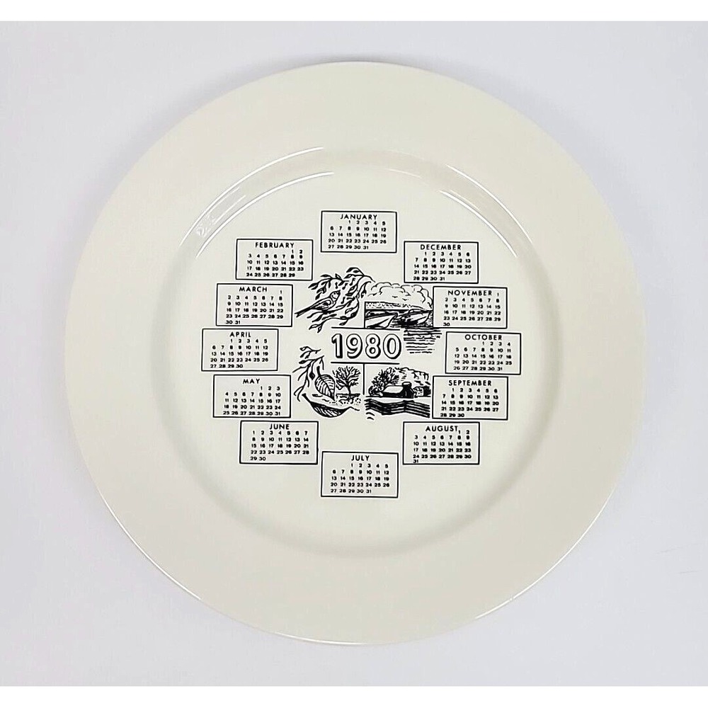 1980 Four Seasons Calendar Collectible White Plate with Black Print 10.25" Dia.